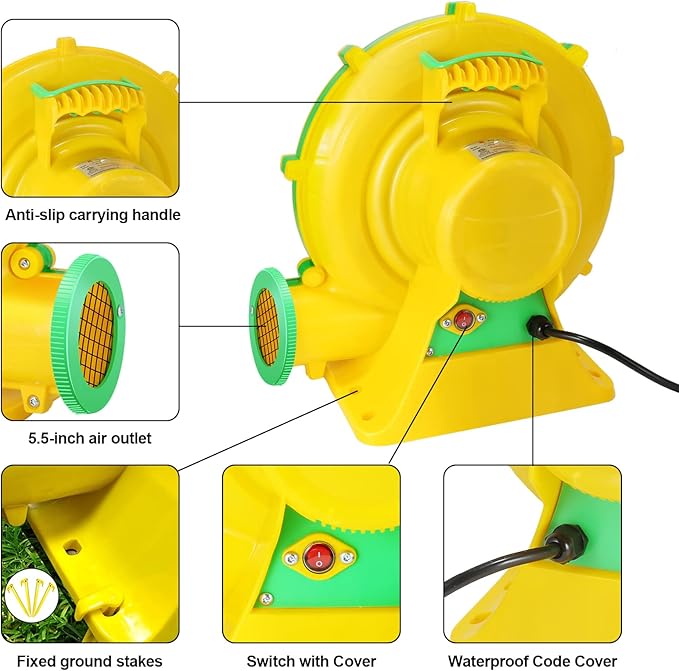 Bounce House Blower, 950W 1.27HP Commercial Air Blower with Double-Sided Fan Blade Design, Strong Wind and Great Heat Dissipation Properties for Medium and Small Bouncy Castle, Jump Slides, Arch