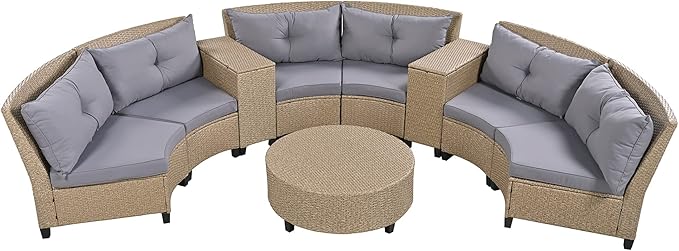Merax, Fan-Shaped Patio Furniture Sets for 6, Weather Outdoor HDPE Rattan Sofa with Cushions and Table, Suitable for Garden, Grey