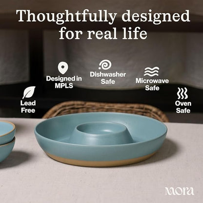 MORA Ceramic Chips and Dip Serving Tray: Large Divided Party Bowl Set for Chips & Salsa, Veggies & Dip, Fruit, Snacks, Entertaining, Hosting, etc. Minimalist Design for the Modern Hostess - Iris