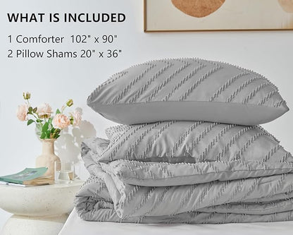 CozyLux King Size Comforter Set Light Grey - 3 Pieces Boho Tufted Shabby Chic Bedding Comforter Set for All Seasons, Chevron Bedding Sets with Comforter & 2 Pillow Shams