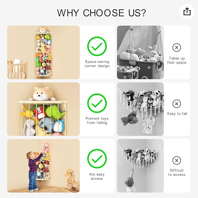 Stuffed Animal Storage Toy Organizer: Corner Stuff Animals Holder for Wall with Adjustable Length - Kids Plush Toys Storage for Nursery Playroom Bedroom Kids Room(Beige)