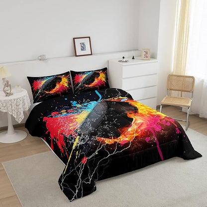 Erosebridal Hockey Bedding Set for Teen Boys Kids Winter Sports Twin Comforter Set Grunge Hippie Tie Dye Ball Bed Comforter Sets Red Blue Fire and Water Lightning Quilt Duvet Insert 1 Pillow Case