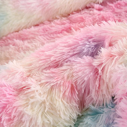 WINLIFE Shaggy Faux Fur Comforter Set Flannel Fuzzy Bedding Set Long Hair Fluffy Plush Comforter Sets Gradient Ombre Tie Dye MultiColor Bedding for Girls Women (3Pcs, Queen, Rainbow)