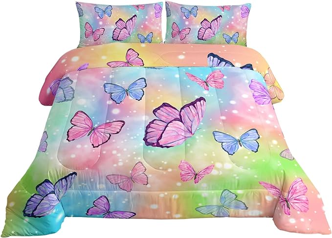 Datura home Bedding Comforter Set Rainbow Watercolor Butterfly Printed Pattern Quilt with 1 and 2 Pillowcases for Girls Bedroom All Season(Butterfly Queen) Queen 90x90inches