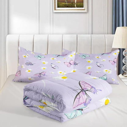 Butterfly Comforter Set for Kids Teens Girls Women,Daisy Kids Comforter,1 Comforter with 2 Pillowcase, Microfiber 3 Piece Bedding Set,for All Seasons(Purple，King Size)