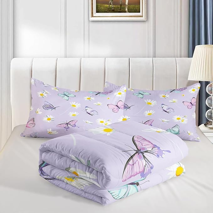 Butterfly Comforter Set for Kids Teens Girls Women,Daisy Kids Comforter,1 Comforter with 2 Pillowcase, Microfiber 3 Piece Bedding Set,for All Seasons(Purple，Full Size)