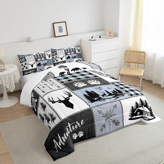 Deer Bear Kids Comforter Set Twin Size,Hunting Adventure Rustic Farmhouse Bedding Set for Boys Girls Adults Room Decor,Geometric Plaid Patchwork Down Comforter,Blue Xmas Duvet Insert,1 Pillowcase