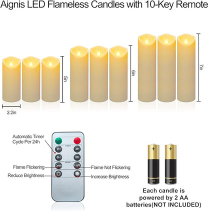 Aignis 9pcs Flameless LED Candles Battery Operated with 10-Key Remote & Timer, Indoor Heat Resistant, 3D Wick with Warm Flickering Glow for Cozy Home/Wedding/Holiday Décor (D 2.2" x H 5"/6"/7")