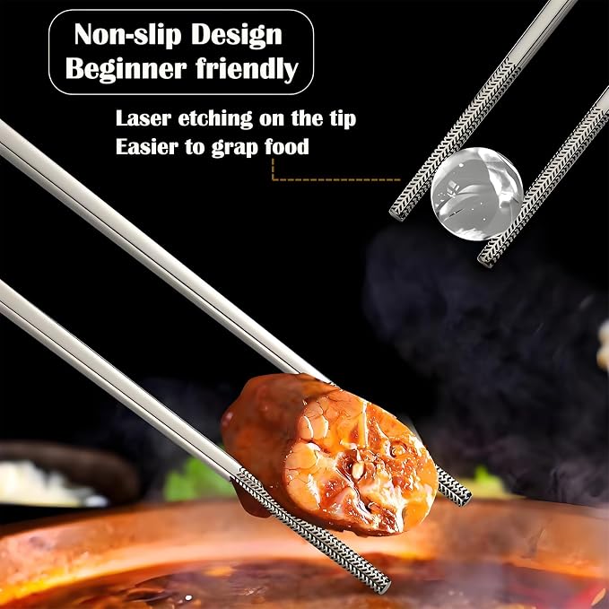 Metal Chopsticks Reusable,18/8 Stainless Steel,Silver,5PC Cherry Blossom | Gift Box Set,Square,Lightweight, Non-Slip,Laser Engraved Patterns No fade