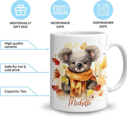 Hyturtle Personalized Fall Koala Coffee Mug Gifts on Birthday, Autumn Décor | Gifts For Koala Lovers - Fall Decoration Gift For Farmhouse Thanksgiving - Custom Name 11oz White Ceramic Coffee Tea Mug