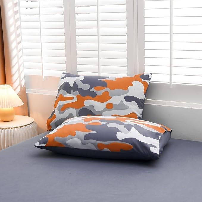 Meeting Story Camouflage Bedding Set, Colorful Pattern Style Comforter Set, 5 PCS One Comforter Two Pillowcases Two Sheets in One Bag, All Season Bedspread for Teens Adults (Orange, Queen 5Pcs)