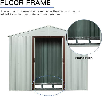 6 x 5 FT Outdoor Storage Shed, Metal Garden Shed with Floor Frame, Tool Shed Outdoor Storage with Lockable Sliding Doors & Air Vents, Storage House Waterproof for Backyard, Lawn, White