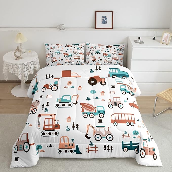 Boys Cartoon Car Comforter Set, Kids Construction Cars Trucks Comforter for Cartoon Botanical Truck Bedding Set Cute Cars Quilt with 2 Pillowcases 3Pcs Bedding Full Boys