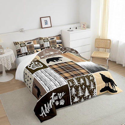 Rustic Farmhouse Kids Comforter Set King Size,Deer Antlers Bear Paws Plaids Patchwork Bedding Set for Boys Girls Adults Room Decor,Pine Trees Xmas Down Comforter,Brown Duvet Insert,2 Pillowcases