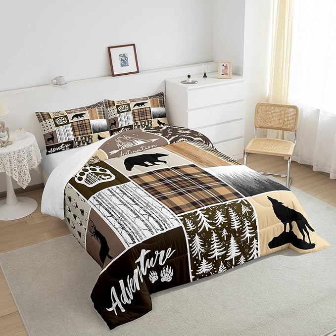 Rustic Farmhouse Kids Comforter Set Twin Size,Deer Antlers Bear Paws Plaids Patchwork Bedding Set for Boys Girls Adults Room Decor,Pine Trees Xmas Down Comforter,Brown Duvet Insert,1 Pillowcase