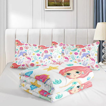 Mermaid Comforter Set Queen Size Fairy Tale Sea Shell Grass Bedding Set Starfish Quilt Bed Set for Kid Girls with 1 Comforter and 2 Pillowcases