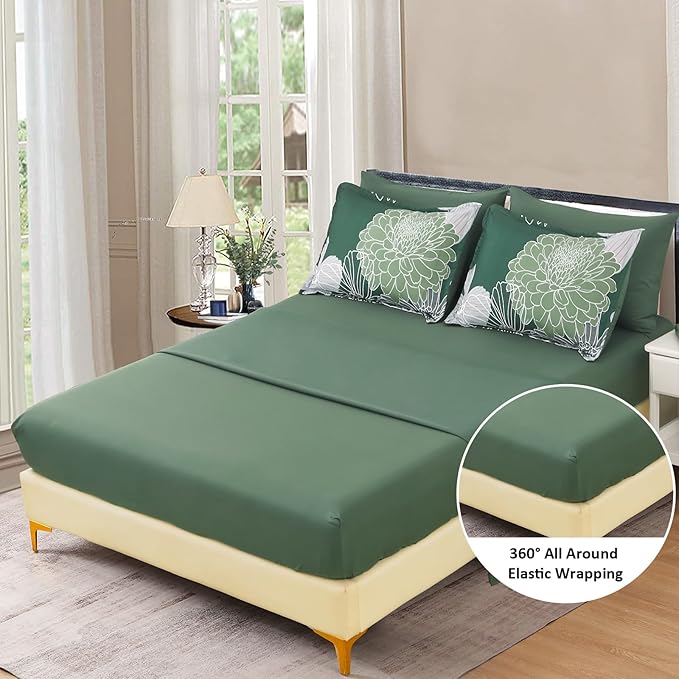 Yiran 7 Pieces King Size Comforter Set,Dark Green Floral Bed in a Bag Comforter and Sheet Set, Soft Microfiber Lightweight Bedding Set for All Season 103"×90"