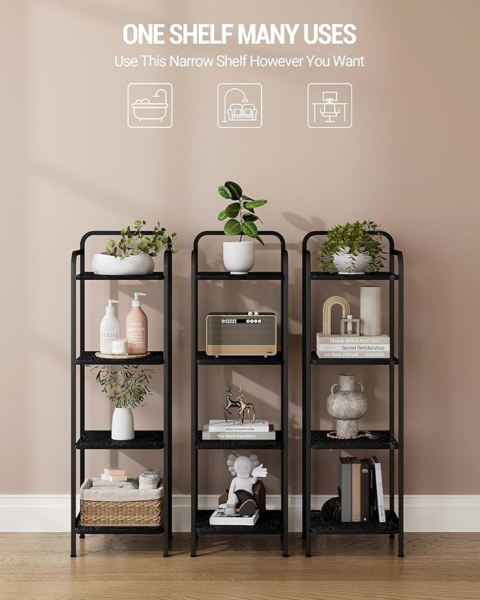 Bookcase Bookshelf, 4-Tier Narrow Book Shelf, Industrial Coner Shelf Storage Organizer, Slim Shelving Unit for Home Office, Living Room, Bedroom, Kitchen, Black BC24404B