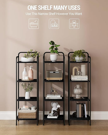 Bookcase Bookshelf, 4-Tier Narrow Book Shelf, Industrial Coner Shelf Storage Organizer, Slim Shelving Unit for Home Office, Living Room, Bedroom, Kitchen, Black BC24404B