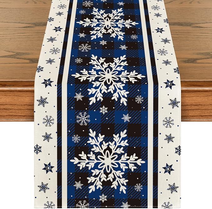 Artoid Mode Buffalo Plaid Snowflakes Blue Christmas Table Runner, Seasonal Winter Kitchen Dining Table Decoration for Home Party Decor 13x120 Inch