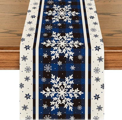Artoid Mode Buffalo Plaid Snowflakes Blue Christmas Table Runner, Seasonal Winter Kitchen Dining Table Decoration for Home Party Decor 13x108 Inch