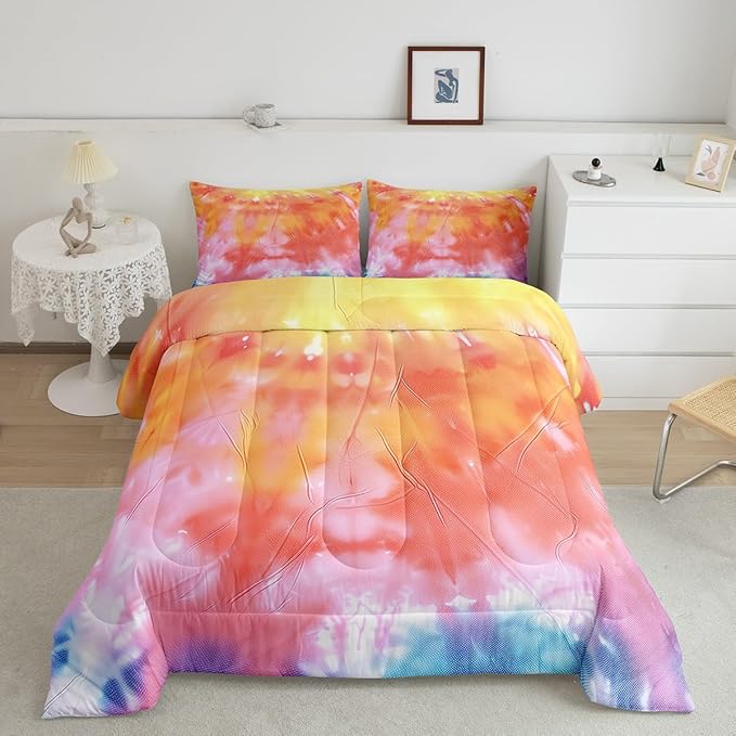3 Piece Rainbow Tie Dye Comforter Set with Pillowcases Bedding Set 3D Printed Psychedelic Art Pattern Boho Hippie Down Comforter Full Duvet Insert Set, Watercolor Marble Abstract Art Women Pastel Bed