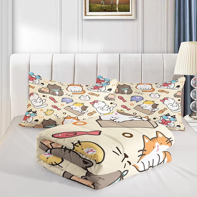 Kawaii Cat Comforter King,Kawaii Animals Comforter Set for Kids Teens Girls,3Pcs Bedding Set Printed Comforter with 2 Pillowcases,Down Alternative,Soft and Lightweight，King Size