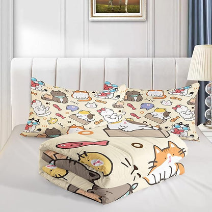 Kawaii Cat Comforter King,Kawaii Animals Comforter Set for Kids Teens Girls,3Pcs Bedding Set Printed Comforter with 2 Pillowcases,Down Alternative,Soft and Lightweight，King Size