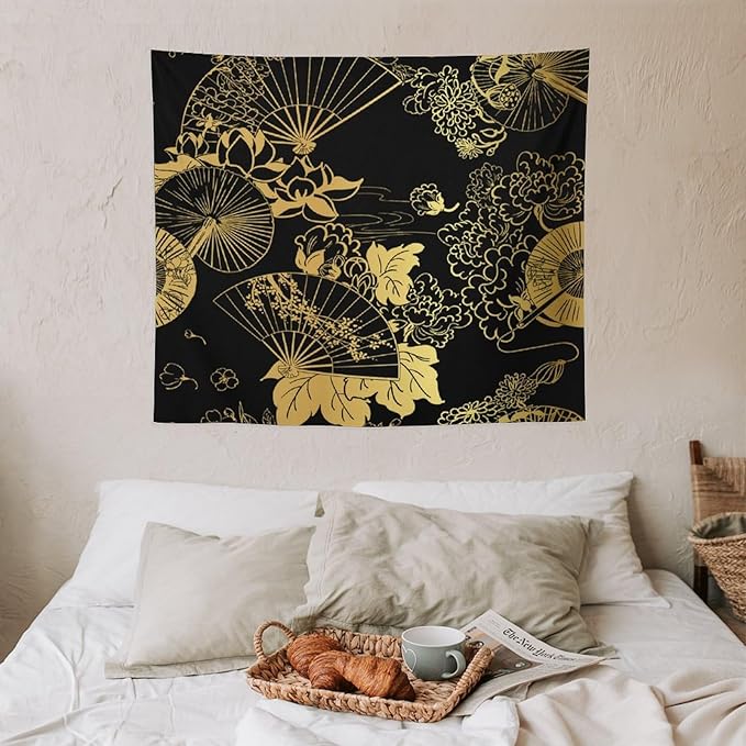 HZOHNAGO Japanese Tapestry Gold Flowers Umbrella Fan Pattern Printed Wall Tapestry Painting Wall Hanging for Bedroom Living Room Dorm 60" W x 50" H
