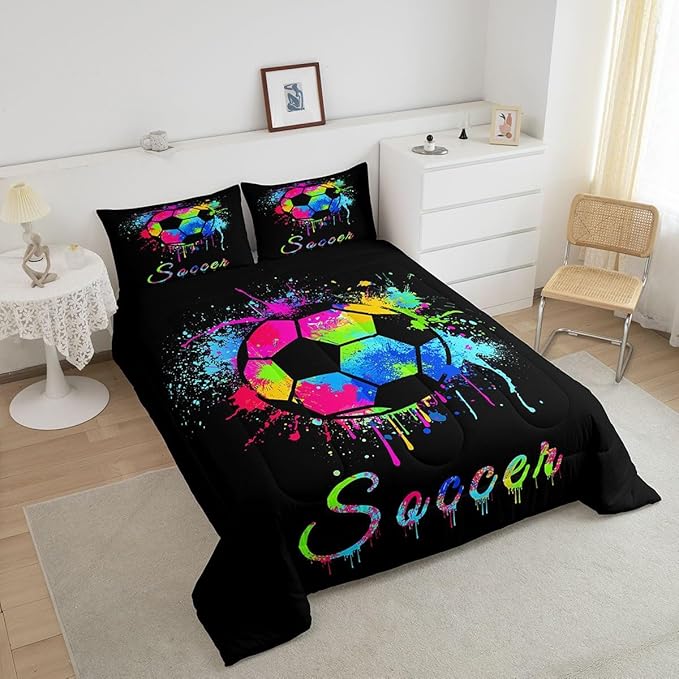 Feelyou Kids Soccer Ball Game Comforter Set Twin Size Football Bedding Set for Boys Girls Teens Bedroom Decor Rugby Sports Comforter American Football Player Duvet Set with 1 Pillow Case