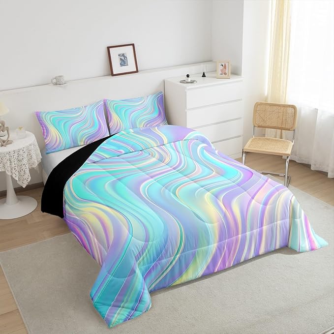 Pastel Rainbow Comforter Set with Pillowcases Abstract Wave Stripes 3D Printed Designs 3 Piece Bedroom Duvet Set Psychedelic Girl Bed Down Comforter for Kids Women Dorm Room (Queen,Coulourful Marble)