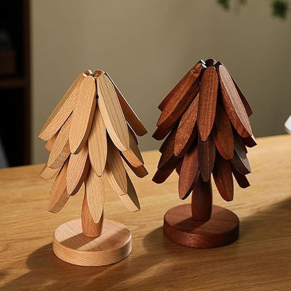 Natural Wood Tree Trivet Set, 𝐍atural Tree Trivet Set - 4 Wooden Trivets,4 Wooden 𝐓rivets & 1 Stand Like a Christmas Trees,for Hot Dish,Pot,Bowl,Teapot,Hot Pot Sets (Walnut Finish 4 Trivets,1set)