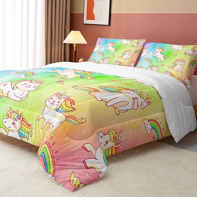 Datura home Kids Unicorn Comforter Set for Girls Boys,Kawaii Rainbow Unicorn Printed Pattern Rainbow Kawaii Bedding Set with 2 Pillowcases(Rainbow Unicorn Full)
