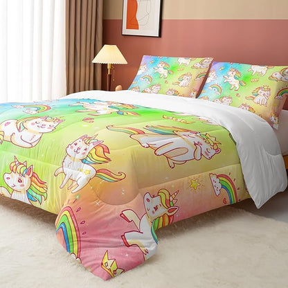 Datura home Kids Unicorn Comforter Set for Girls Boys,Kawaii Rainbow Unicorn Printed Pattern Rainbow Kawaii Bedding Set with 2 Pillowcases(Rainbow Unicorn Twin)