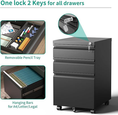 3 Drawer Mobile File Cabinet with Lock, Under Desk Metal Filing Cabinet, Fully Assembled Rolling File Cabinet with Wheels for Home Office Letters/Legal/A4 (Black)