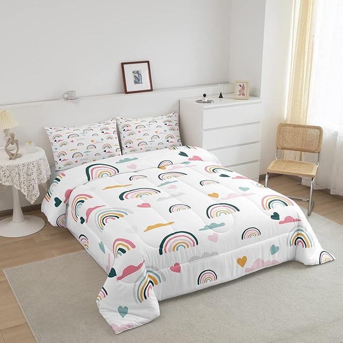 Erosebridal Kids Rainbow Bedding Set, Girly Love Heart Comforter Set Twin Size Cartoon Rainbow Cloud Duvet Sets for Girls Boys Women Bedroom Decor, Soft Microfiber Down Comforter 2 Pieces,Colorful