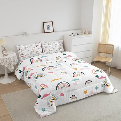 Erosebridal Kids Rainbow Bedding Set, Girly Love Heart Comforter Set Full Size Cartoon Rainbow Cloud Duvet Sets for Girls Boys Women Bedroom Decor, Soft Microfiber Down Comforter 3 Pieces,Colorful