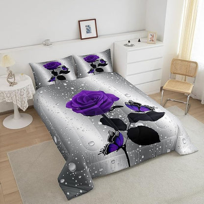 3D Rose Comforter Set Rose Floral Print Bedding Set Romantic Flowers Comforter for Kids Boys Girls Children Teens Bedroom Decor Purple Rose Butterfly Duvet Set Full Size Quilt Set with 2 Pillow Case