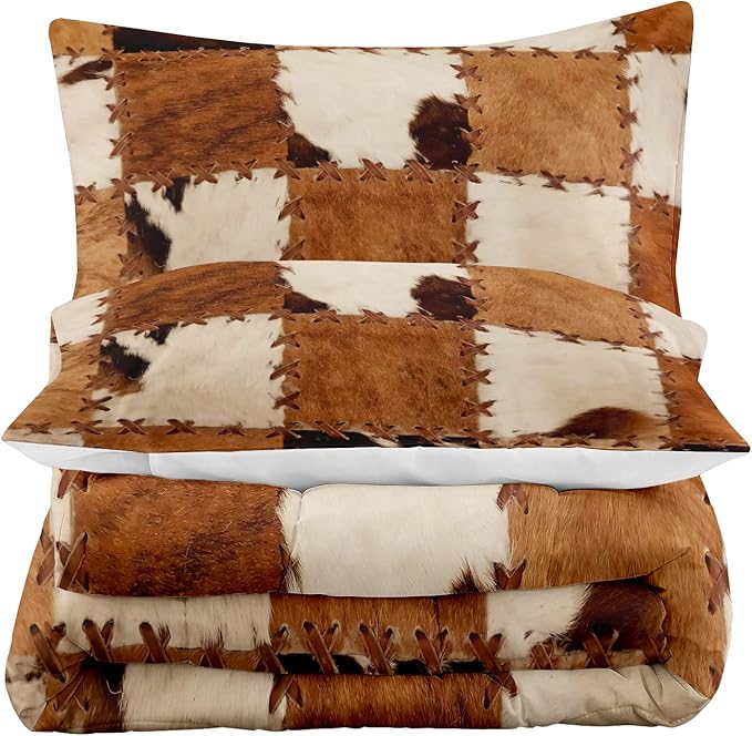 Tailor Shop Brown Cow Print Comforter Set Twin, Farmhouse Cow Print Bedding in A Bag, Leather Stitching Rustic Cowhide Comforter with 1 Matching Pillowcase Bedroom Decor………