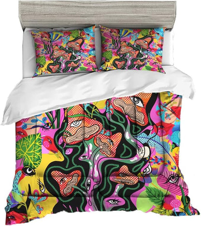 Sunnycitron Kids Comforter set Queen size Colorful Mushroom Comforter Sets Mandala Mushroom Bedding Hippie Bed Comforter Set - Fade Resistant (1 Comforter + 2 Pillowcases)