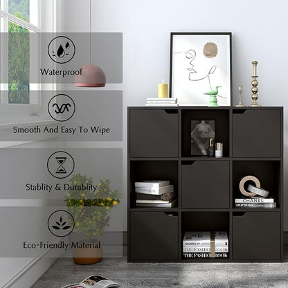 9-Cube Storage Shelf Bookcase - Wooden 3-Tier Floor Standing Open Bookshelf with Doors for Home and Office, Display Cabinet, Black