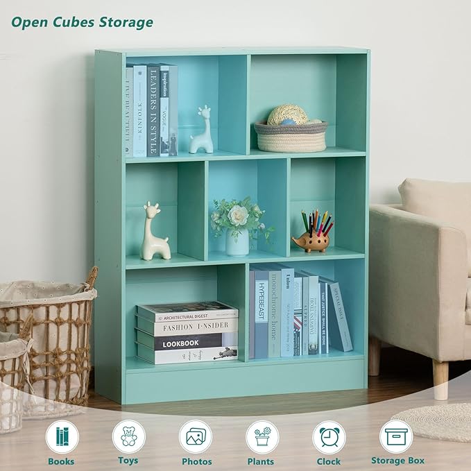 LEYAOYAO 7 Cube Bookshelf with Base,3 Tier Modern Mint-Green Kids Bookcase,Standing Wide Bookshelves Storage Organizer Toy Shelf,Wood Display Children's Book Shelves for Bedroom,Living Room,Nursery