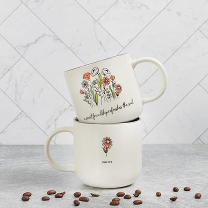 Christian Art Gifts Large Ceramic Coffee & Tea Mug for Women & Friends: Sweet Friendship - Proverbs 27:9 Scripture, Cute Microwave/Dishwasher Safe Floral Cup, Sage Green/White, 15 oz. (Pack of 2)