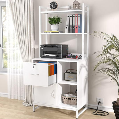 Homieasy Vertical Filing Cabinet with Lock & Charging Station, Large Drawer Wood File Cabinet with Bookshelf, Printer Stand with Open Storage Shelf, fits Letter Size for Home Office, White