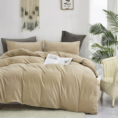 Wellboo Beige Velvet Comforter Sets Queen Solid Cream Coffee Fluffy Bedding Comforters Luxury Champagne Flannel Quilts Women Men Light Taupe Fuzzy Blankets Modern Minimalist Khaki Tan Sherpa Plush Bed
