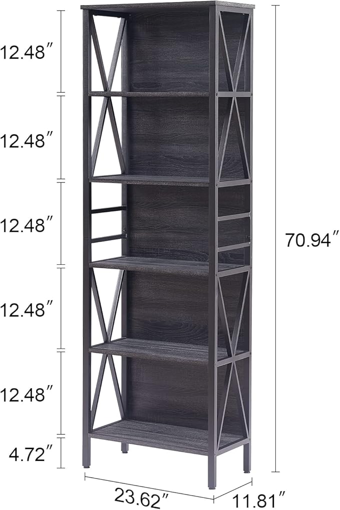 HOMISSUE Bookshelf, 6-Tier Bookshelf, Rustic Wood Metal Bookshelves and Bookcases, Freestanding Open Book Shelf, Industrial Tall Bookcase for Home Office, Living Room and Bedroom, Vintage Grey