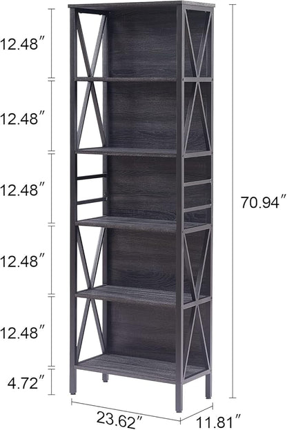 HOMISSUE Bookshelf, 6-Tier Bookshelf, Rustic Wood Metal Bookshelves and Bookcases, Freestanding Open Book Shelf, Industrial Tall Bookcase for Home Office, Living Room and Bedroom, Vintage Grey