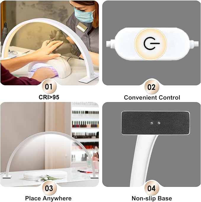 Half Moon Light for Nail Desk 30in 50w Nail Tech Light Nail Table Lamp with Wire Controller 3 Color 10 Brightness Touch Control Extension LED Light for Nails Tech, Stemless Dimming