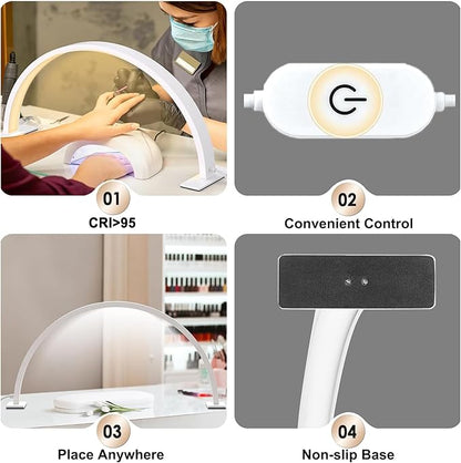 Half Moon Light for Nail Desk 30in 50w Nail Tech Light Nail Table Lamp with Wire Controller 3 Color 10 Brightness Touch Control Extension LED Light for Nails Tech, Stemless Dimming