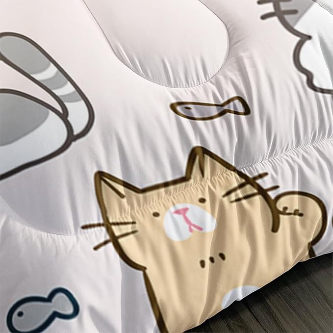 Kids Cute Cat Comforter Set Twin Size 3Pcs Cartoon Pet Cat Fishing Bedding Set Lovely Animal Quilt Bed Set for Children Girls Boys Room Decor